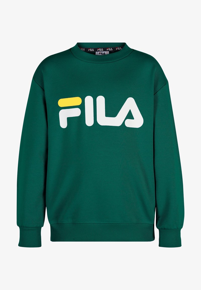 Zielona bluza wykonana z mieszanki bawełny, z dużym białym logo 'FILA' z żółtym akcentem. Ze ściągaczami na mankietach i klasycznym okrągłym dekoltem.