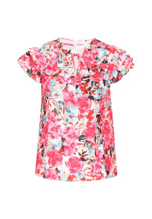 Blouse courte à fleurs avec des fleurs roses, rouges et bleues, col à volants, manches courtes et détail noué à l’avant.