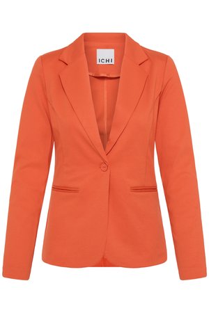 Women's single-button orange blazer with notch lapels and two front welt pockets, made by brand ICHI.