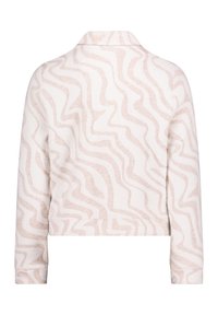 White cropped jacket with soft, textured fabric featuring a wavy beige pattern. The design includes a collar and long sleeves.