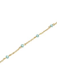 Zlatna narukvica s naizmjeničnim svijetloplavim fasetiranim perlama i karikama. Dizajn je delikatan i sastoji se od malih kružnih elemenata.