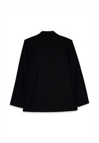 Črn blejzer s vertikalnimi črtami, s sekljanim ovratnikom, dolgimi rokavi in ravnim krojem. Narejen je iz teksturirane tkanine, z minimalnimi podrobnostmi na hrbtni strani.