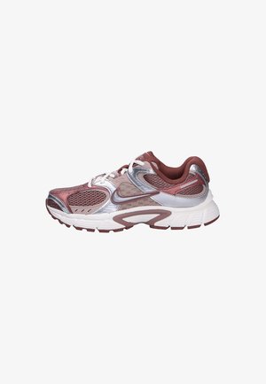Running shoe with a maroon and silver mesh upper, white midsole, and rubber outsole. Features laces and ventilation panels.