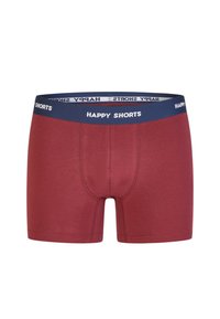 Bordo bokserki z granatową gumką w pasie z napisem "HAPPY SHORTS" w białym kolorze, wykonane z gładkiego, elastycznego materiału.