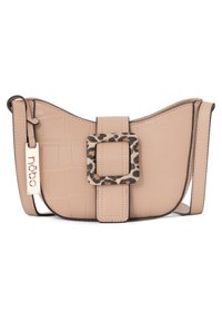Borsa in faux leather beige con texture a coccodrillo, dotata di fibbia con stampa leopardata e tracolla staccabile per una maggiore versatilità.