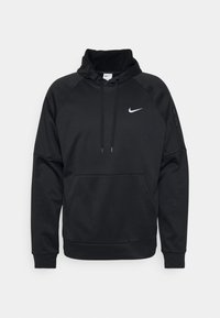 Hoodie noir en tissu doux et extensible. Dispose d'une poche kangourou à l'avant, d'une capuche avec cordons et d'un petit logo blanc sur la poitrine.