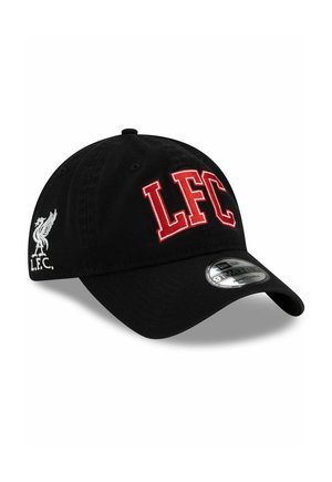 Black baseball cap with red "LFC" letters on front and white Liverbird emblem with "L.F.C." on the side, featuring an adjustable curved brim.