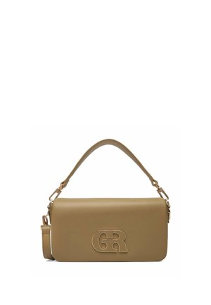 Rechteckige Handtasche aus olivbraunem Leder mit gebogenem oberen Griff, abnehmbarem Riemen und erhabenem "GR"-Logo auf der vorderen Klappe.