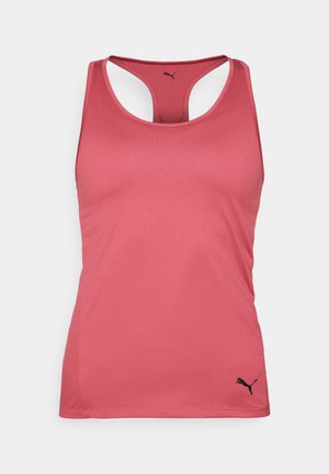 Top sportivo rosa con design racerback, realizzato in tessuto liscio, con un piccolo logo nero vicino all'orlo.