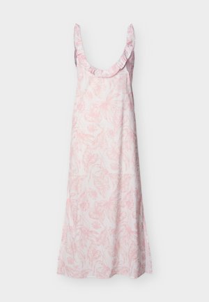 Abito lungo bianco senza maniche con stampa floreale rosa chiaro e scollo a giro con volant.