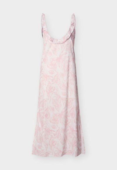 Αμάνικο, μακρύ λευκό φόρεμα με ανοιχτό ροζ floral σχέδιο και βολάν στη στρογγυλή λαιμόκοψη.