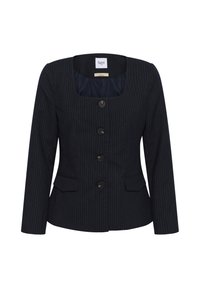 Blazer noir à fines rayures avec un col carré, quatre boutons sur le devant, manches longues et deux poches avant à rabat.