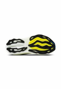 Shoe outsole with a white base and black rubber patterns. Features yellow accent grooves and textured surface for grip and traction.