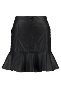 Černá kožená sukně s rozšířeným lemem, s knoflíkovou přední částí, strukturovaným pasem a hladkou texturou. Žádné viditelné vzory ani ozdoby.
