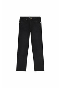 Jeans de mezclilla negra con corte recto, diseño de cinco bolsillos, acentos de hardware en latón y una textura suave, con detalles de costura sutiles.