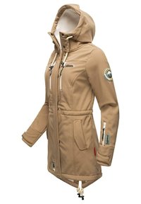 Beige waterproof softshell jacket with a hood, cinched waist, multiple zippered pockets, and logo patches, featuring adjustable drawstring hem.