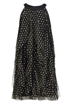 Jupe noire transparente à pois dorés avec une ceinture noire unie, fluide et plissée avec un design en couches.