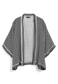 Sort-hvid kimono med et geometrisk diamantmønster, åben front, brede ærmer og kontrasterende kanter langs kanterne. Letvægtsstof.
