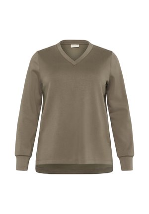 Brown long-sleeve V-neck shirt with ribbed cuffs and slightly curved hem, displayed on a plain white background.