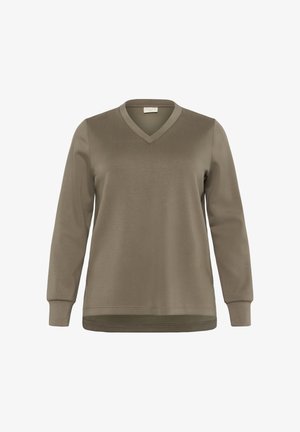 Bruine lange mouw V-hals shirt met geribde manchetten en licht gebogen zoom, weergegeven op een effen witte achtergrond.