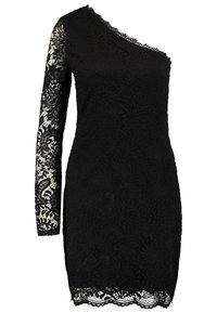 Robe en dentelle noire avec une manche longue, décolleté asymétrique, motif floral et ourlet festonné. Détails raffinés à travers le tissu.