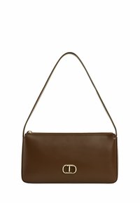 Borsa a mano in pelle marrone con dettagli in metallo dorato. Il design è rettangolare con una tracolla sottile e una chiusura zip nella parte superiore.