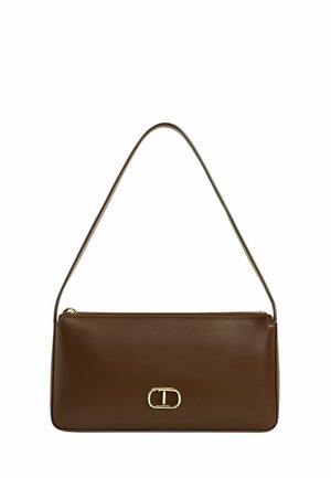 Borsa a mano in pelle marrone con dettagli in metallo dorato. Il design è rettangolare con una tracolla sottile e una chiusura zip nella parte superiore.