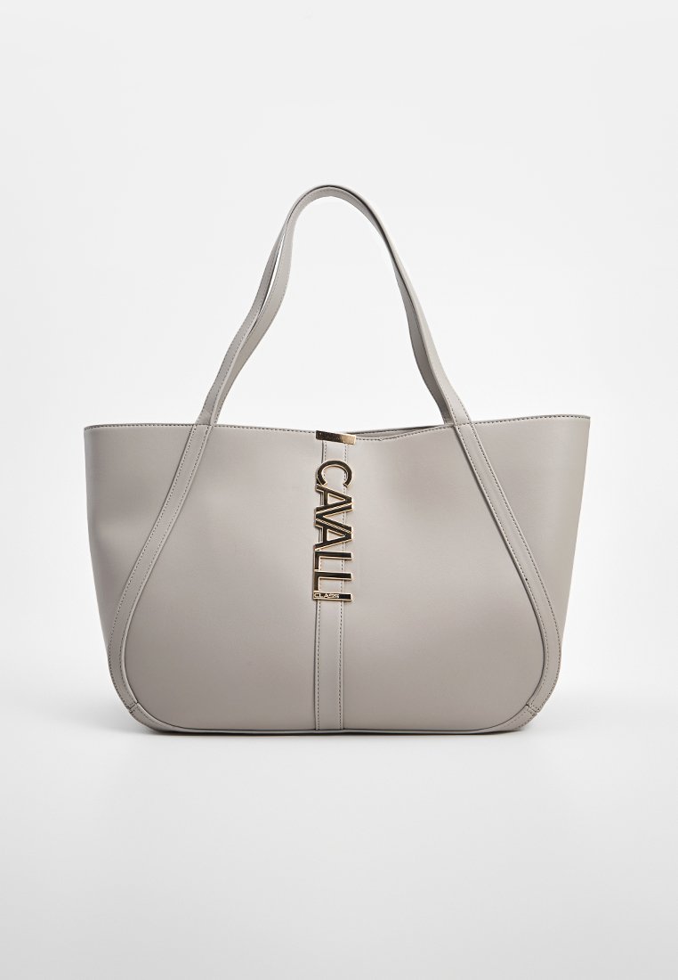 Grau lederne Handtasche mit zwei Schulterriemen, glatter Textur, mit einem vertikalen goldenen Logo-Detail in der Mitte, runder Form.