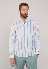 Lichtgewicht, gestreept overhemd met knopen in pastelkleuren (blauw, roze, wit) met een borstzak en contrasterende manchetten, gemaakt van ademende stof.