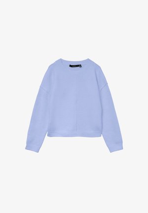 Jasnoniebieski krótki sweter, wykonany z miękkiego dzianinowego materiału. Posiada okrągły dekolt oraz długie rękawy z opadającymi ramionami. Minimalistyczny design.