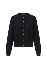 Sort strikket cardigan med lange ermer, rund hals og perleaktige knapper foran. Ribbemønster og tettsittende kant.