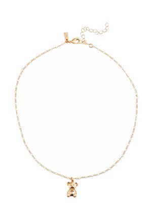 Gold-colored chain necklace featuring a teddy bear charm. The charm has a polished finish, with a delicate chain and adjustable clasp.