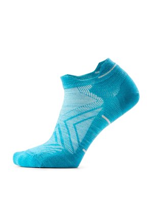 Bright blue low-cut sock with light blue and white geometric patterns, displayed on a white background.