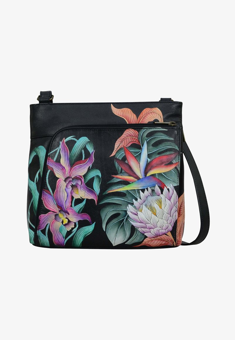 Zwarte leren handtas met kleurrijk bloemenpatroon, met orchideeën en tropische bladeren. Inclusief verstelbare schouderriem en ritsvak.