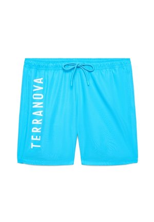 Costume da bagno blu brillante con cintura elasticizzata e coulisse, con testo verticale bianco "TERRANOVA" sulla gamba sinistra.