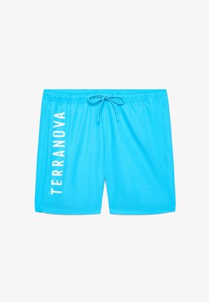 Costume da bagno blu brillante con cintura elasticizzata e coulisse, con testo verticale bianco "TERRANOVA" sulla gamba sinistra.