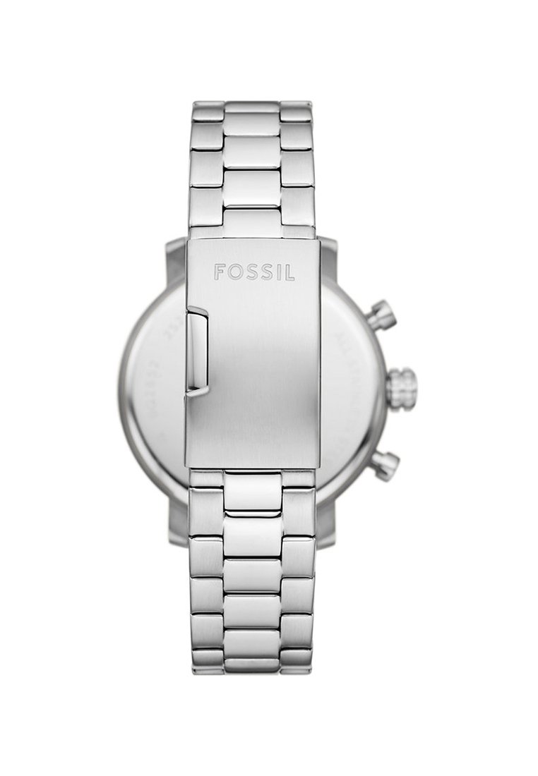 Edelstahlarmbanduhr mit gebürsteter Oberfläche, ausgestattet mit einem Gliederarmband-Design. Die Rückansicht zeigt das Logo und die Druckknöpfe an der Seite.