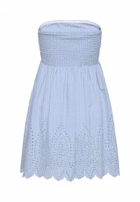 Robe sans bretelles à rayures verticales bleues et blanches avec un corsage smocké et une broderie œillet festonnée le long de l'ourlet.