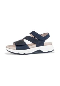 Navy blue sandals with a textured, ribbed strap and two velcro closures. Cushioned footbed on a contrasting white and navy sole.