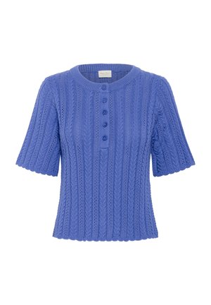 Maglione corto azzurro a maniche corte con scollatura rotonda, dotato di quattro bottoni di chiusura e un design a coste testurizzate su tutta la superficie.
