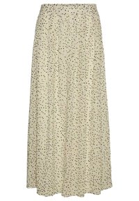 Jupe maxi beige fluide avec une ceinture élastique, présentant un motif éparpillé de points noirs et une texture légère et lisse.