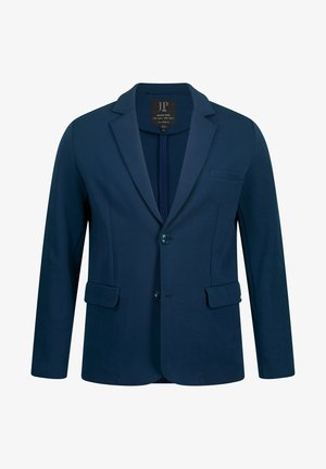 Navy blazer made of smooth fabric. Features a notched lapel, two front pockets, and a single button closure. Textured with subtle stretch.