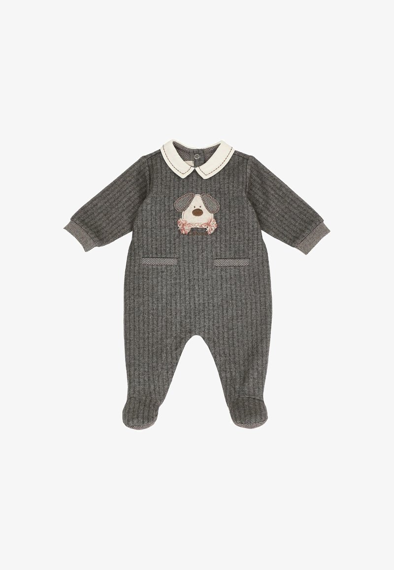 Grenouillère bébé grise à manches longues avec col blanc, poignets à motifs, deux poches devant et un motif visage de chien brodé sur la poitrine.