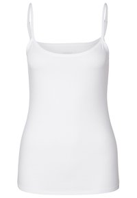 Top de alças finas branco, feito de um tecido liso e suave, com um decote arredondado e um design ajustado.