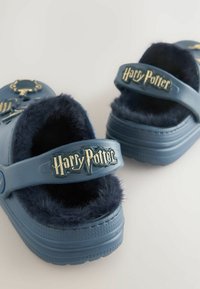 Blauwe pluche pantoffels met een donzige voering, voorzien van een gouden "Harry Potter" logo op een verhoogde band en decoratieve elementen op de bovenkant.