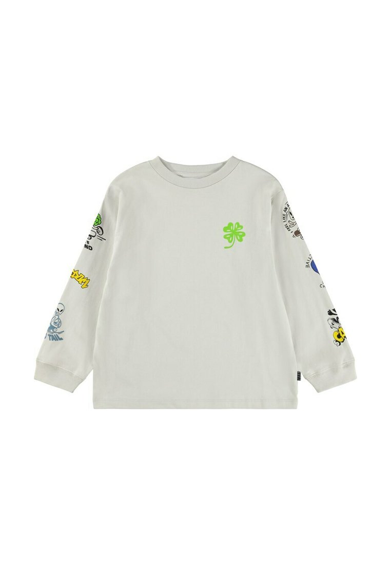 Dlouhý rukáv, světlá šedá bavlněná košile s barevnými grafikami na rukávech a zeleným logem na hrudi. Měkká, hladká textura.