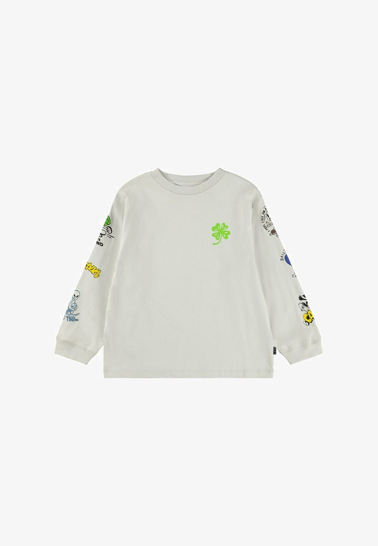 Dlouhý rukáv, světlá šedá bavlněná košile s barevnými grafikami na rukávech a zeleným logem na hrudi. Měkká, hladká textura.