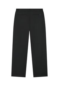 Zwarte trousers met een rechte pijpdesign, gemaakt van een gladde stof. Voorzien van twee achterzakken en een tailleband zonder zichtbare sluitingen.