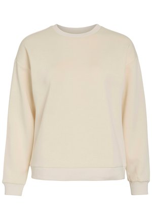Beige langærmet crewneck-sweatshirt med ribbet manchetter og kant, vist på en ensfarvet hvid baggrund.