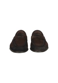 Brown suede loafers with a rounded toe, stitched detailing, and a smooth leather accent band across the upper. Flat sole.